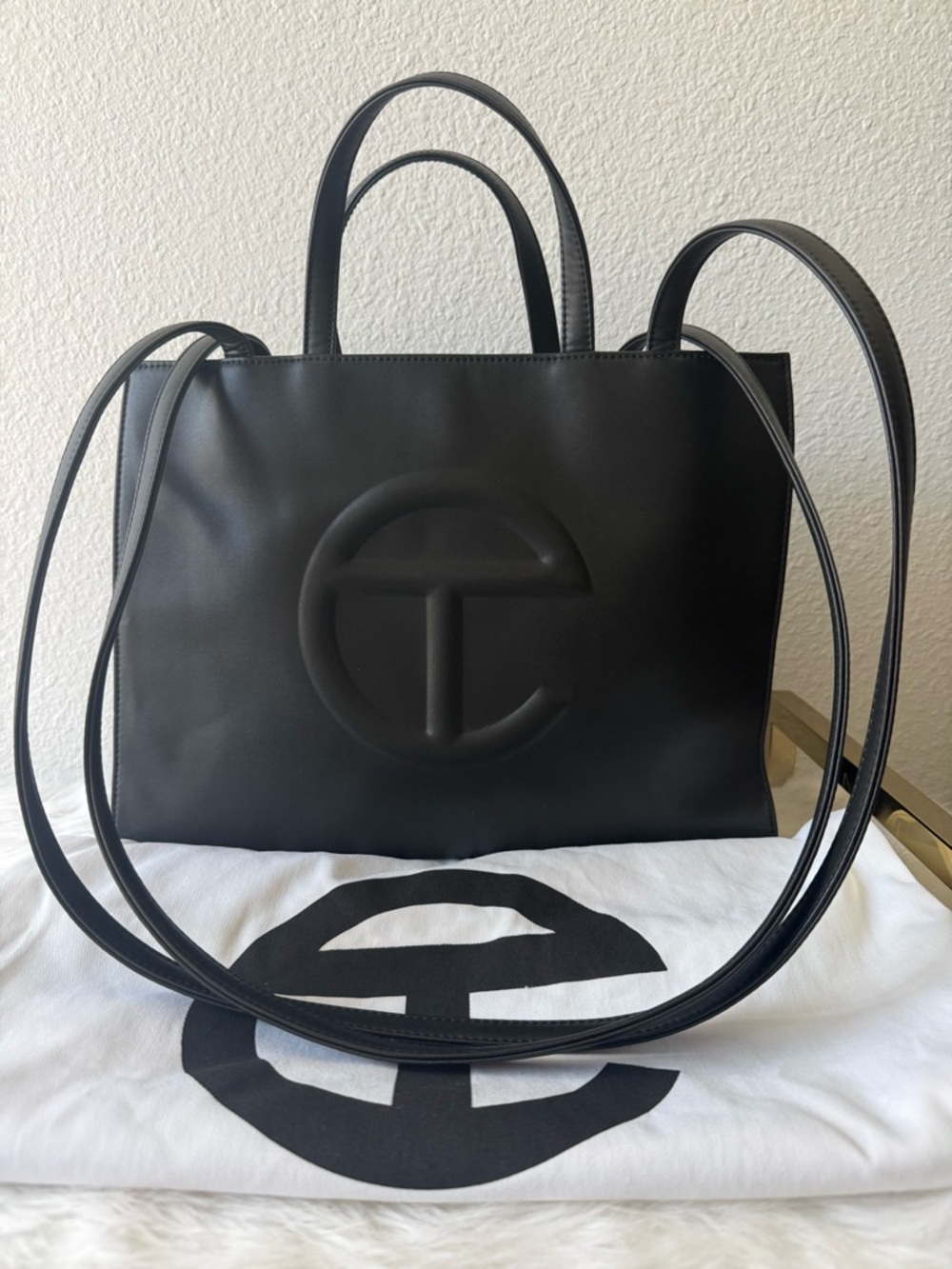 Telfar Black Tote Bag with Logo Accent, Double Handles, Cross-Body Strap